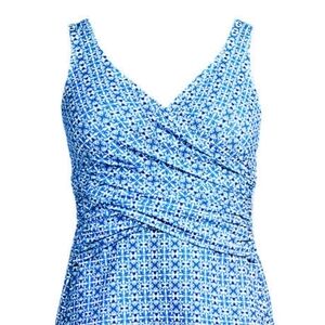 Lands' End Blue Geometric Women's Slendersuit Wrap Tankini Top